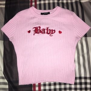 F21 Pink “baby” Embroidered Baby Knitted Crop Top